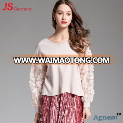 40ZJ010 Hot Selling Women Casual V Neck Puff Chiffon Long Sleeve Lady Blouse