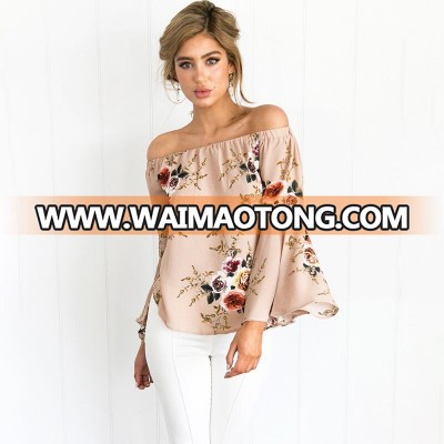 202202 Floral Printed Off Shoulder Horn Trumpet Big Sleeves Shirts Blouses For Ladies