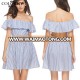 Latest design summer clothing cotton blue off shoulder women striped dress